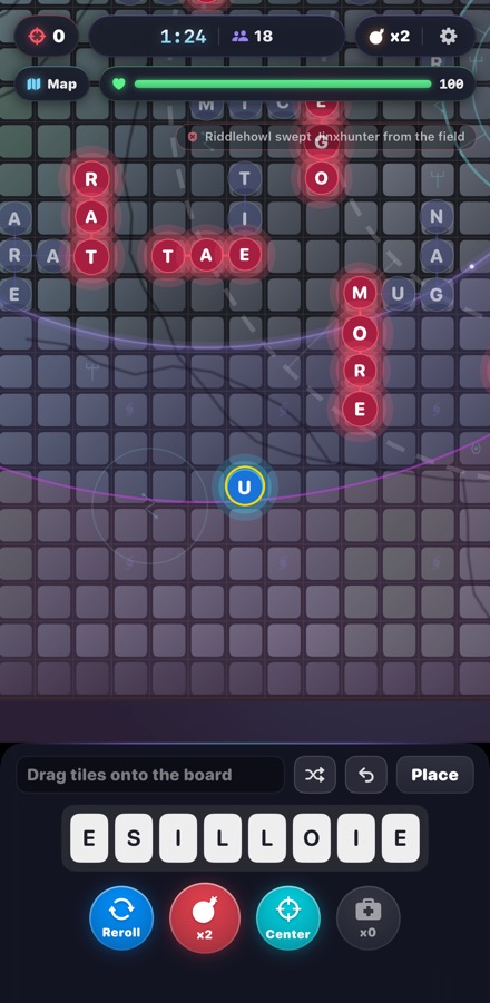 SpellStorm gameplay: a live match with the board and storm timer