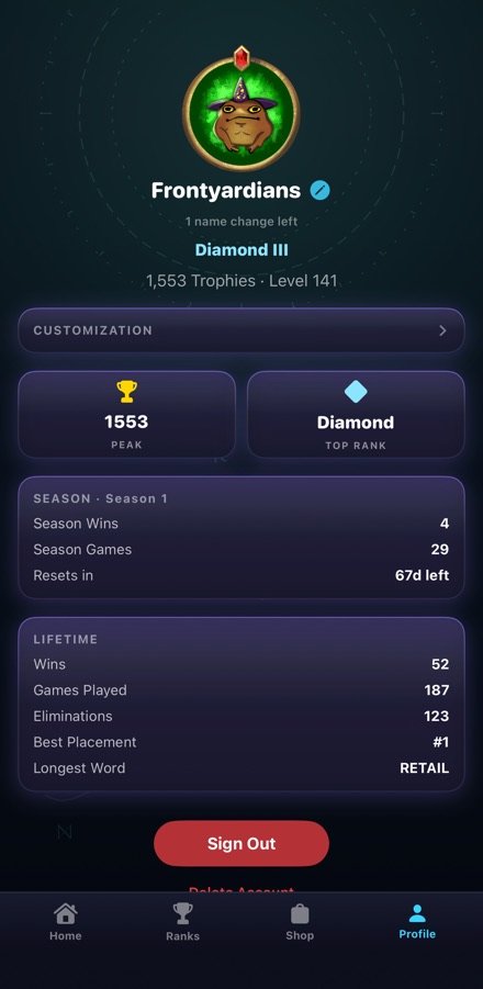SpellStorm player profile with career stats